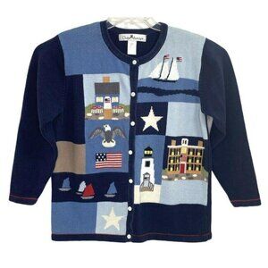 Claire Murray Cardigan Sweater L Nautical Sailboats Blue Long Sleeve Button Up